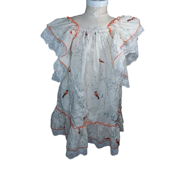 Fox & Heron Dress Bird Print Lace Trim Bow Girls 6 A Line Short Sleeves Comfort - Picture 10 of 14